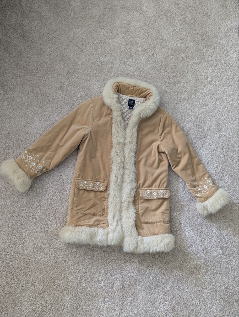 GAP Tan Faux-Fur Trim Embroidered Coat Size 10